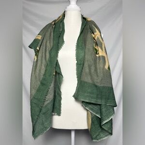 DENI CLER Vintage Wool & Cashmere Blend Elegant Green Printed Scarf